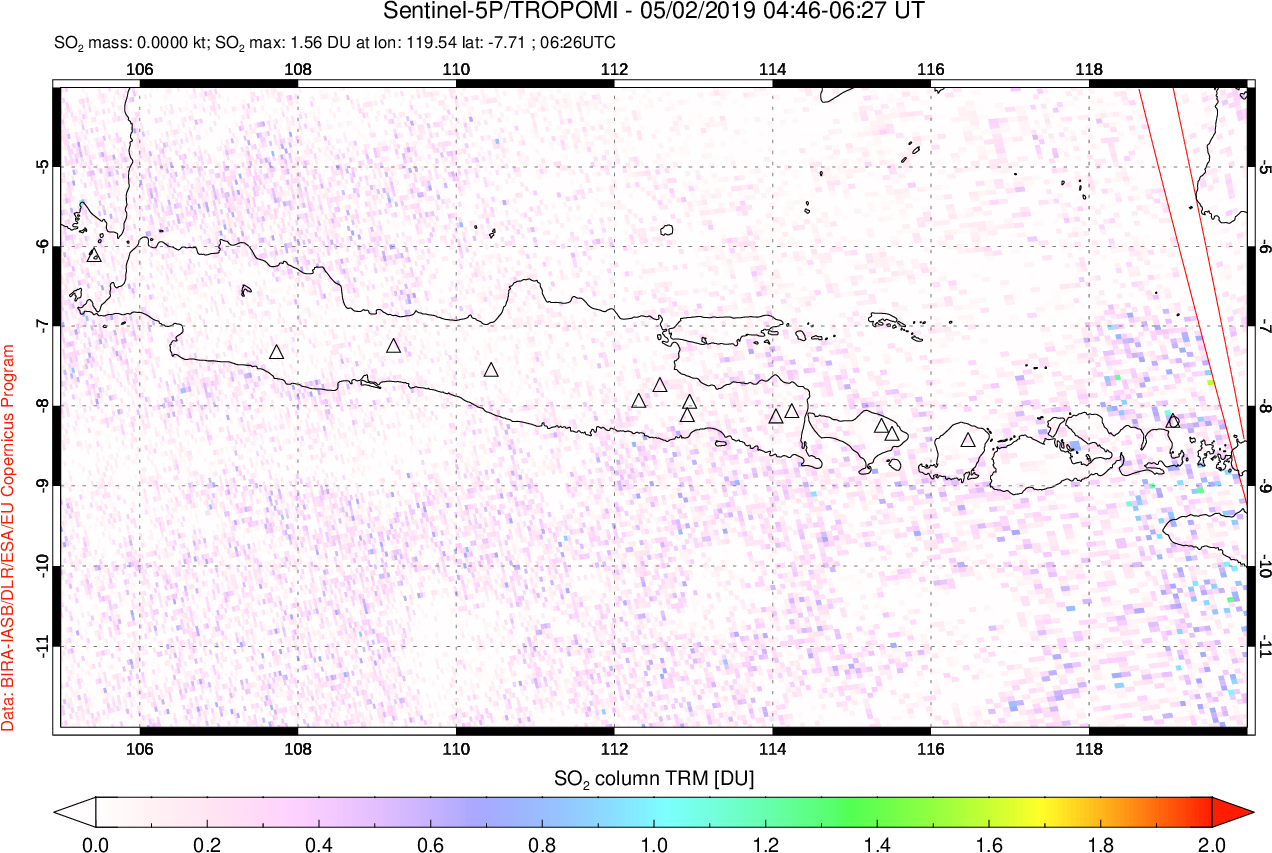 A sulfur dioxide image over Java, Indonesia on May 02, 2019.