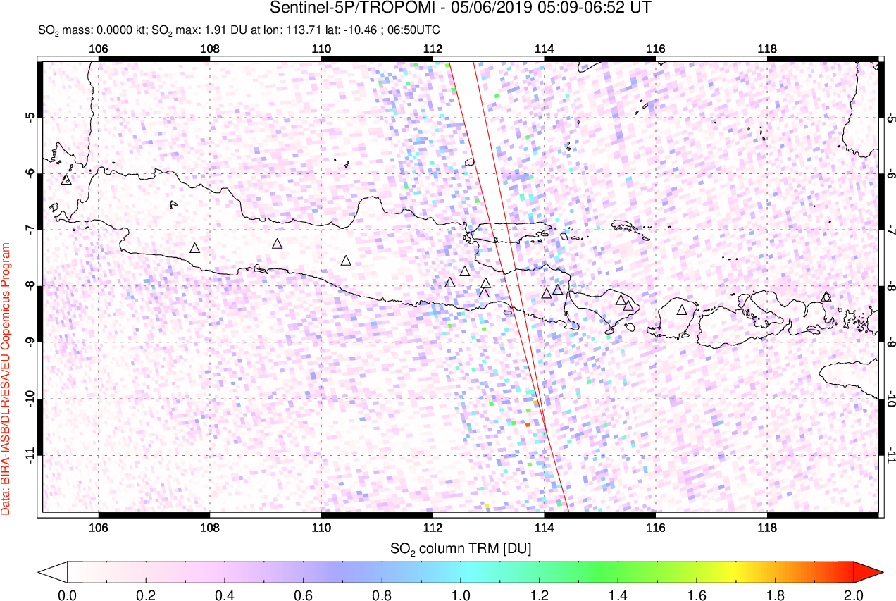 A sulfur dioxide image over Java, Indonesia on May 06, 2019.