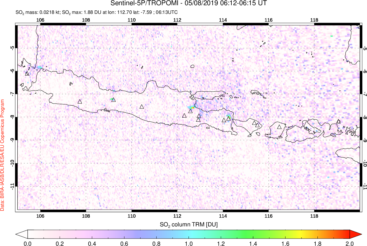A sulfur dioxide image over Java, Indonesia on May 08, 2019.
