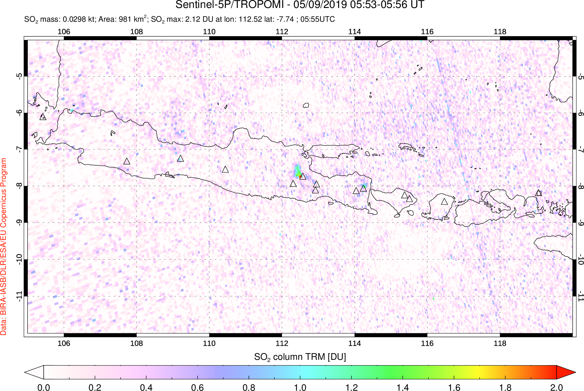 A sulfur dioxide image over Java, Indonesia on May 09, 2019.