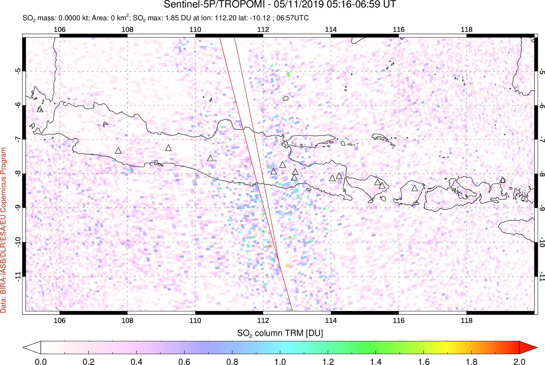 A sulfur dioxide image over Java, Indonesia on May 11, 2019.