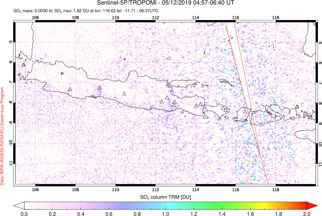 A sulfur dioxide image over Java, Indonesia on May 12, 2019.
