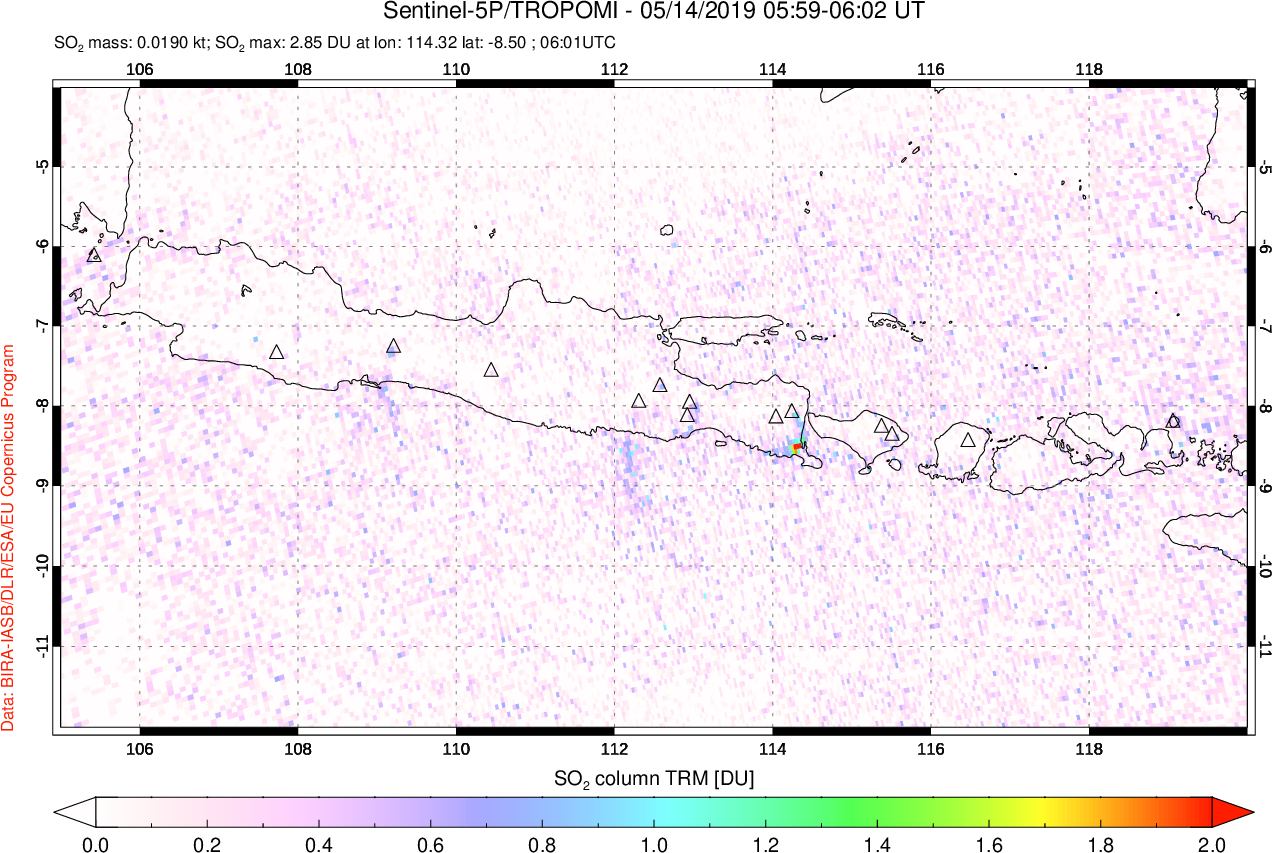 A sulfur dioxide image over Java, Indonesia on May 14, 2019.