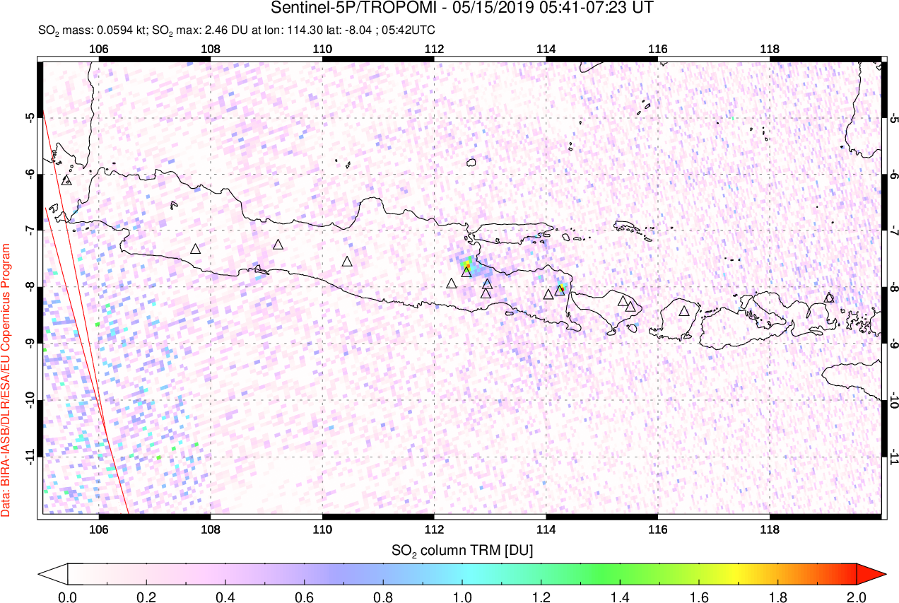 A sulfur dioxide image over Java, Indonesia on May 15, 2019.