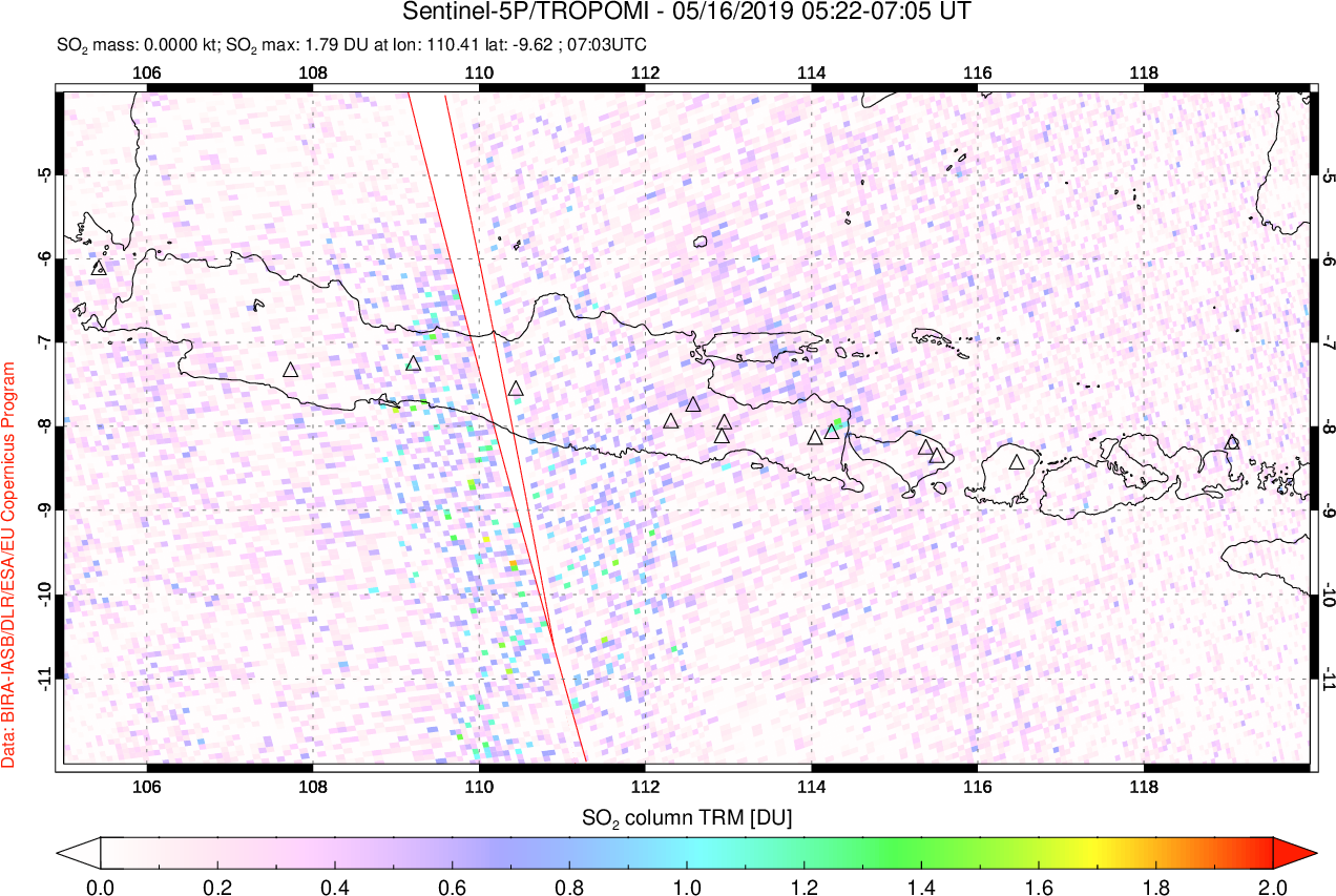 A sulfur dioxide image over Java, Indonesia on May 16, 2019.