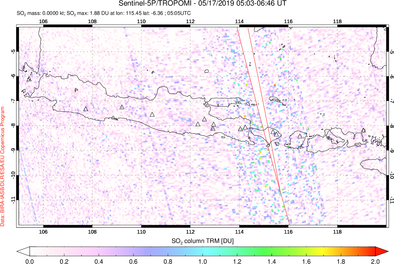 A sulfur dioxide image over Java, Indonesia on May 17, 2019.