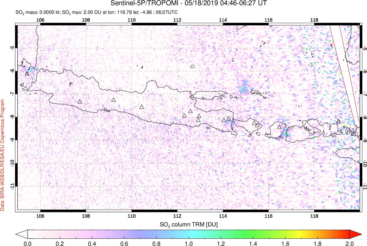 A sulfur dioxide image over Java, Indonesia on May 18, 2019.