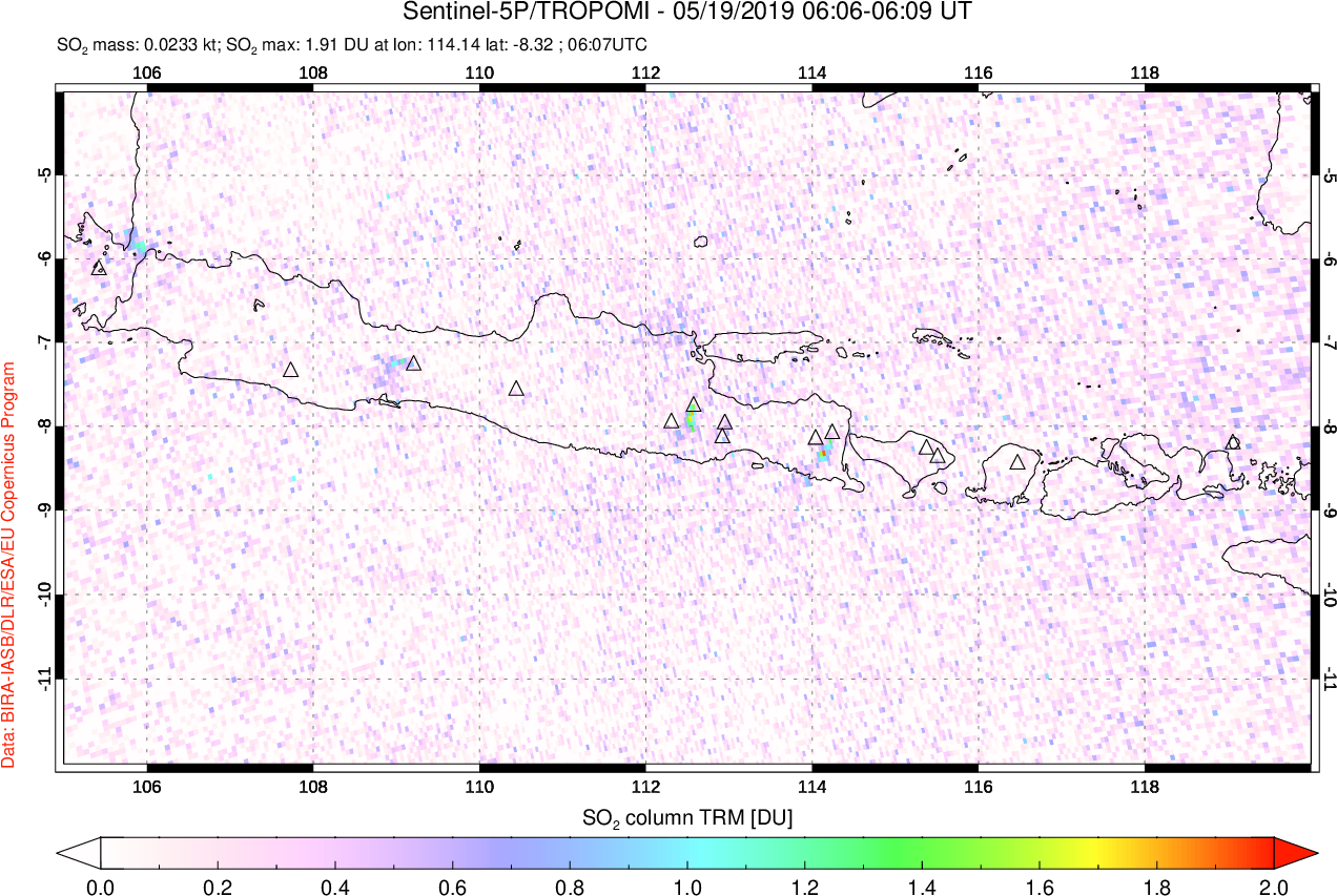 A sulfur dioxide image over Java, Indonesia on May 19, 2019.