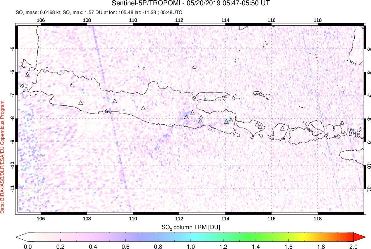 A sulfur dioxide image over Java, Indonesia on May 20, 2019.