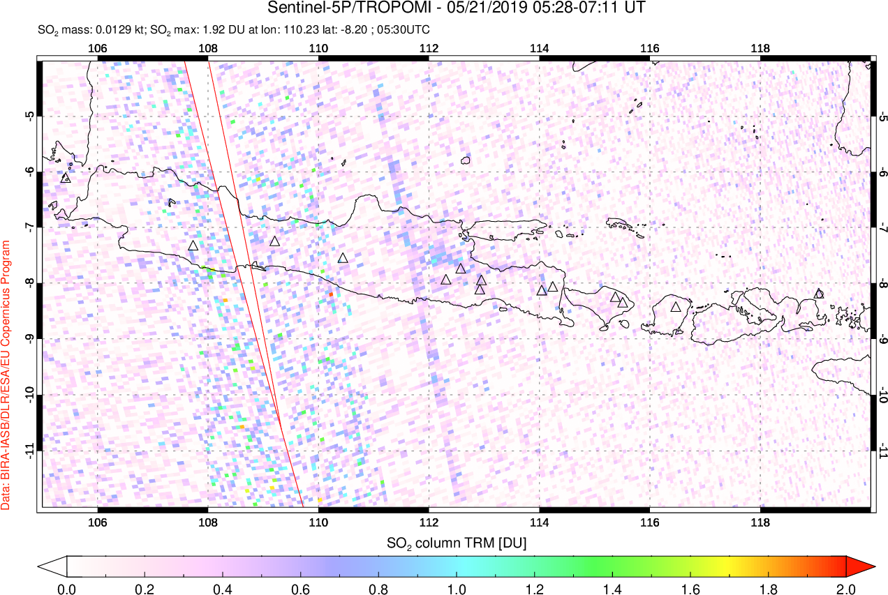 A sulfur dioxide image over Java, Indonesia on May 21, 2019.