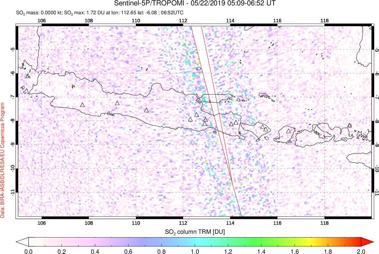 A sulfur dioxide image over Java, Indonesia on May 22, 2019.