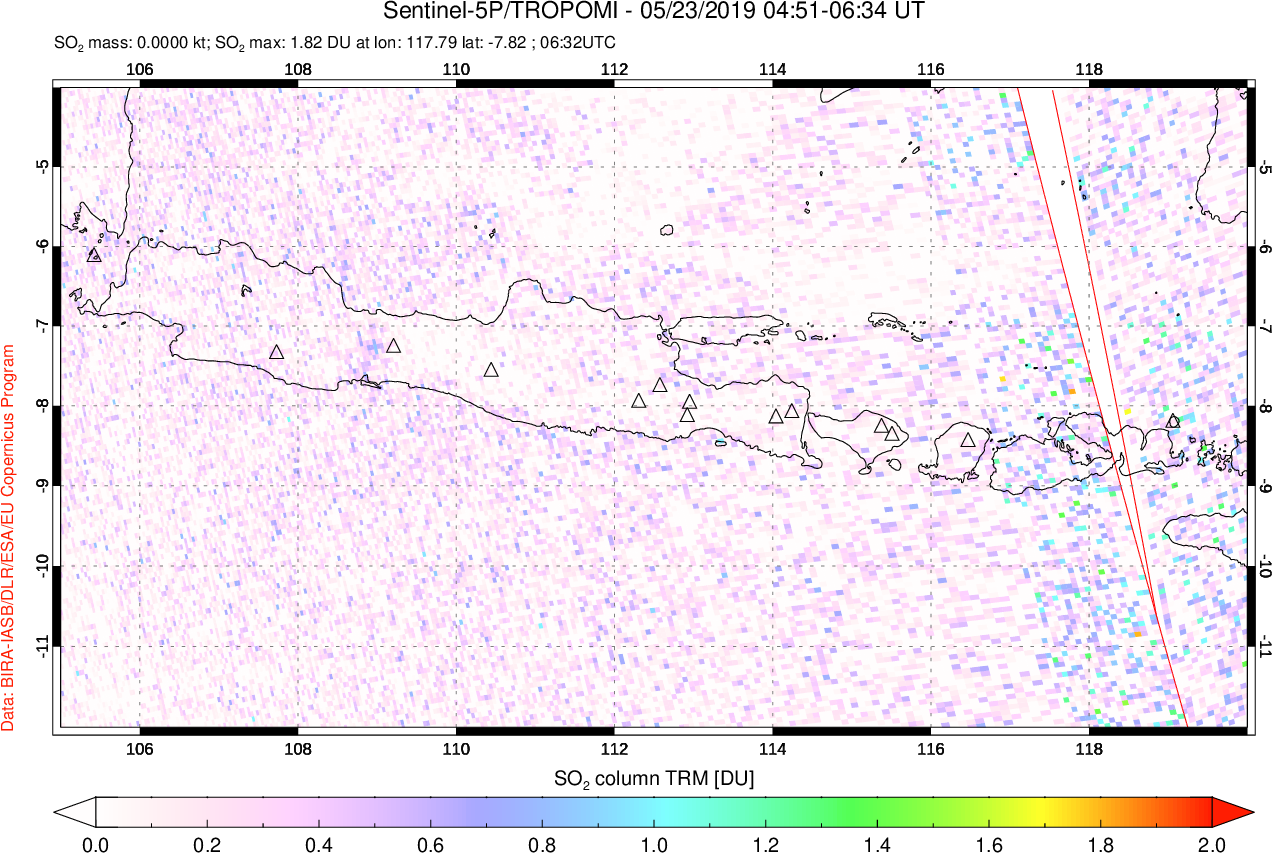 A sulfur dioxide image over Java, Indonesia on May 23, 2019.