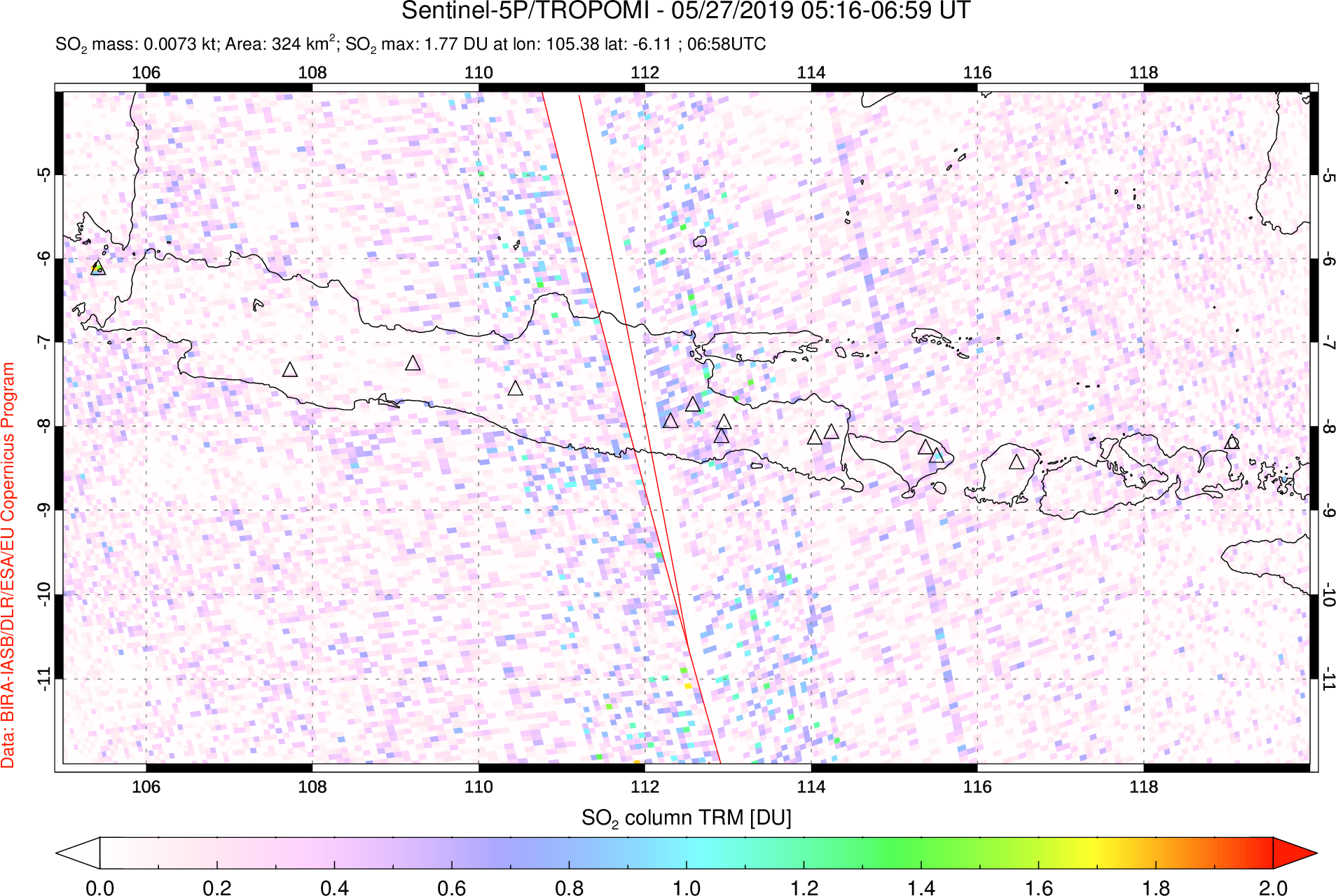 A sulfur dioxide image over Java, Indonesia on May 27, 2019.