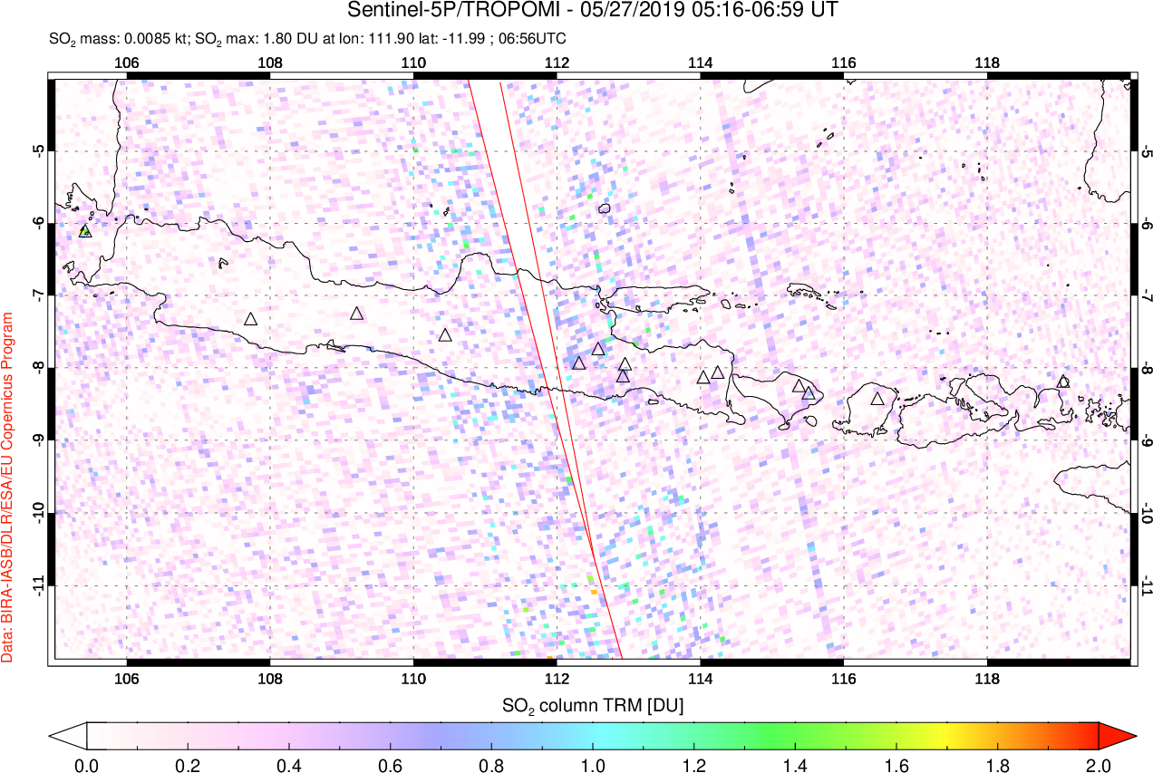 A sulfur dioxide image over Java, Indonesia on May 27, 2019.