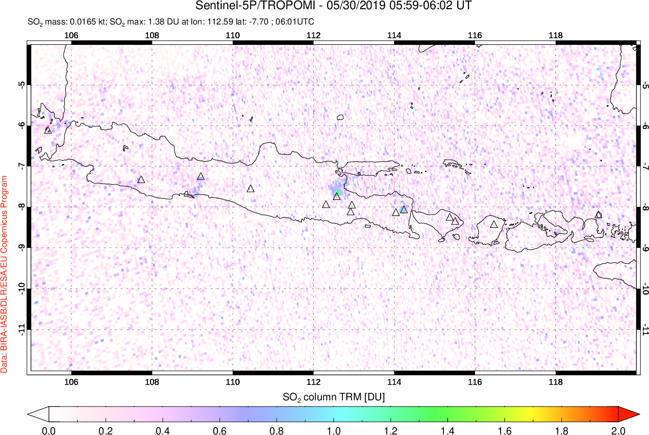 A sulfur dioxide image over Java, Indonesia on May 30, 2019.