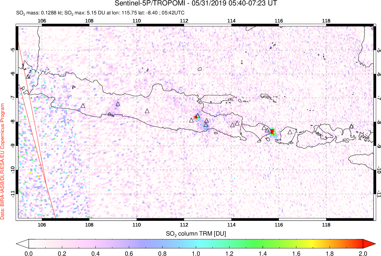 A sulfur dioxide image over Java, Indonesia on May 31, 2019.