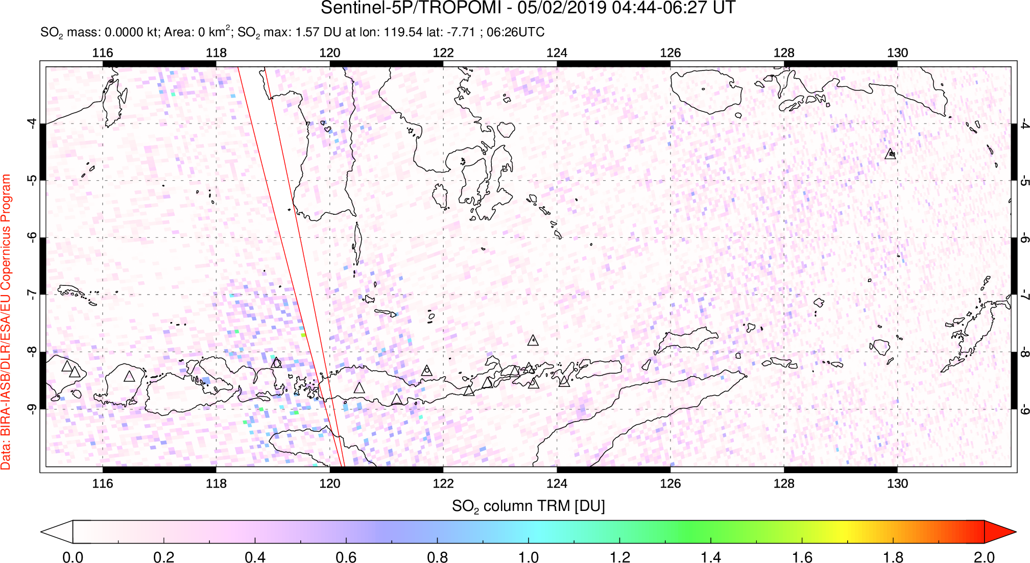 A sulfur dioxide image over Lesser Sunda Islands, Indonesia on May 02, 2019.