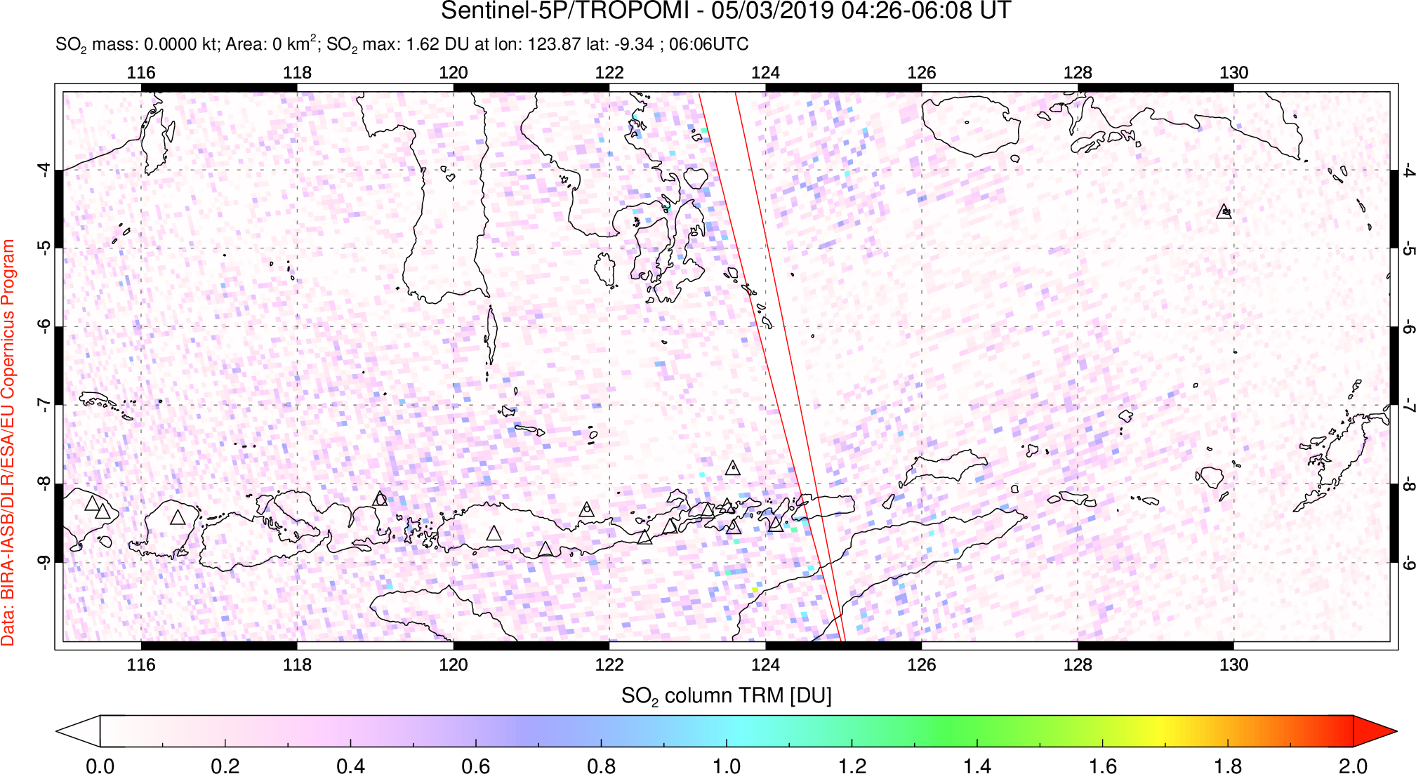 A sulfur dioxide image over Lesser Sunda Islands, Indonesia on May 03, 2019.