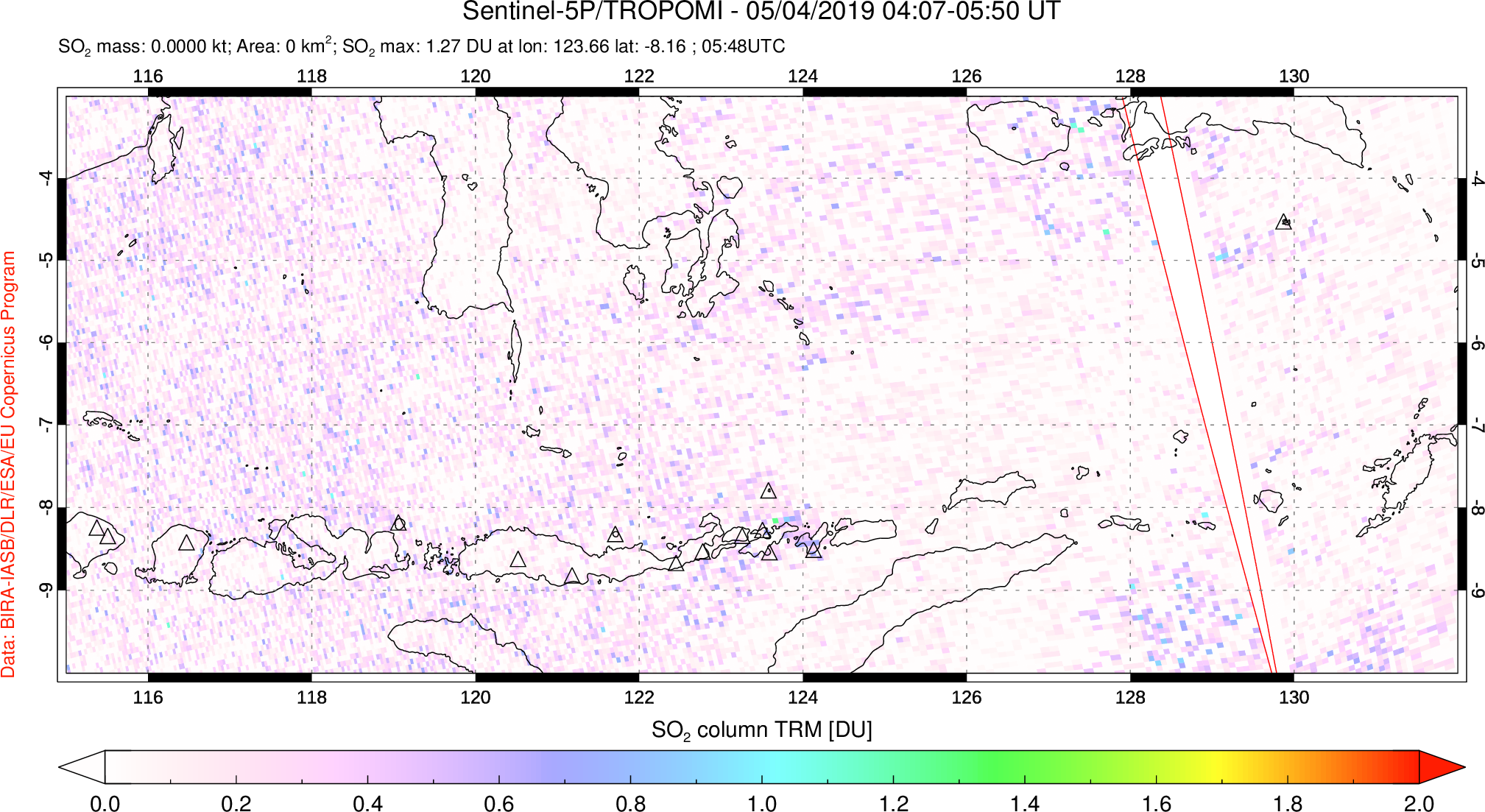 A sulfur dioxide image over Lesser Sunda Islands, Indonesia on May 04, 2019.