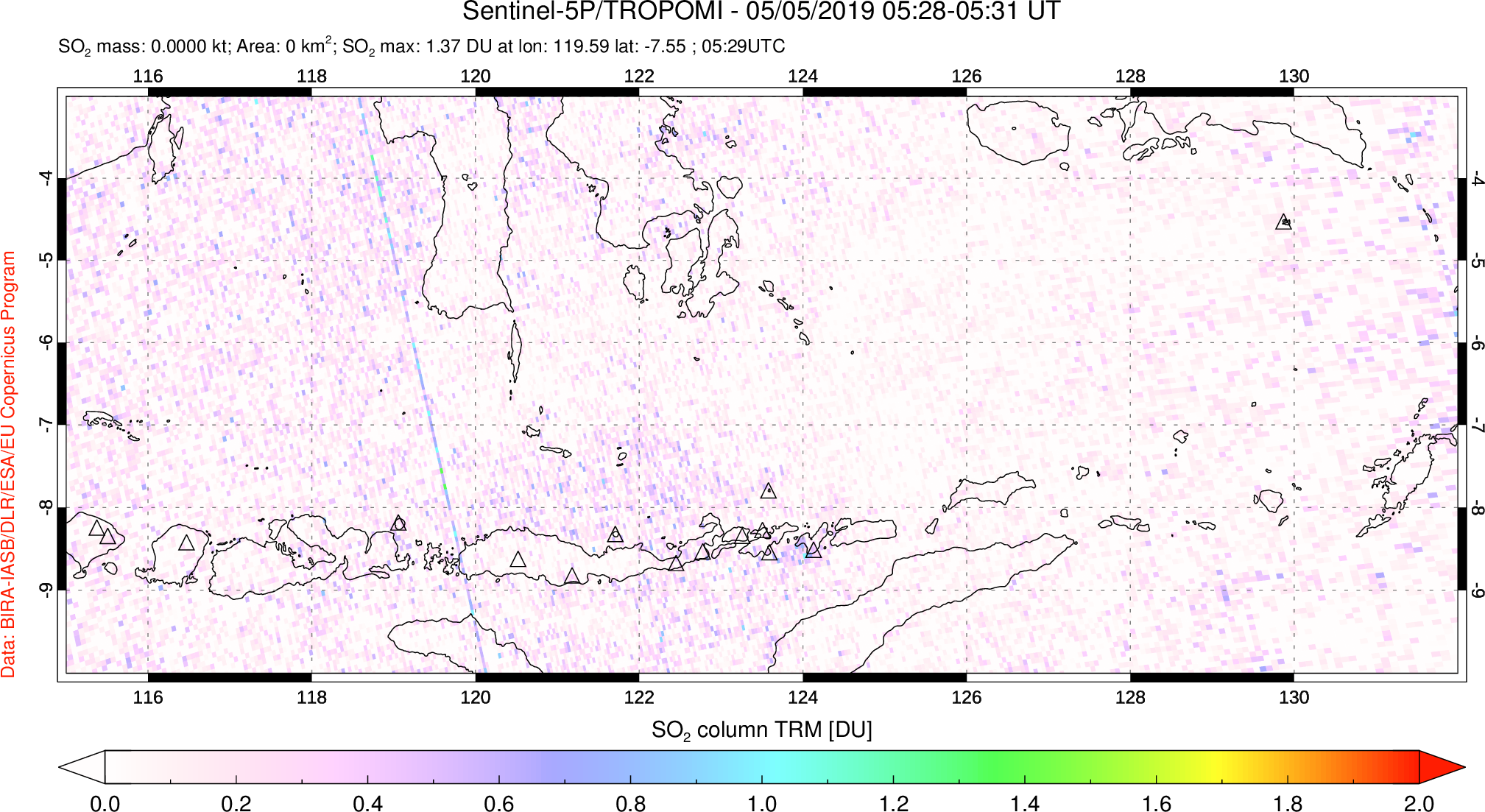 A sulfur dioxide image over Lesser Sunda Islands, Indonesia on May 05, 2019.