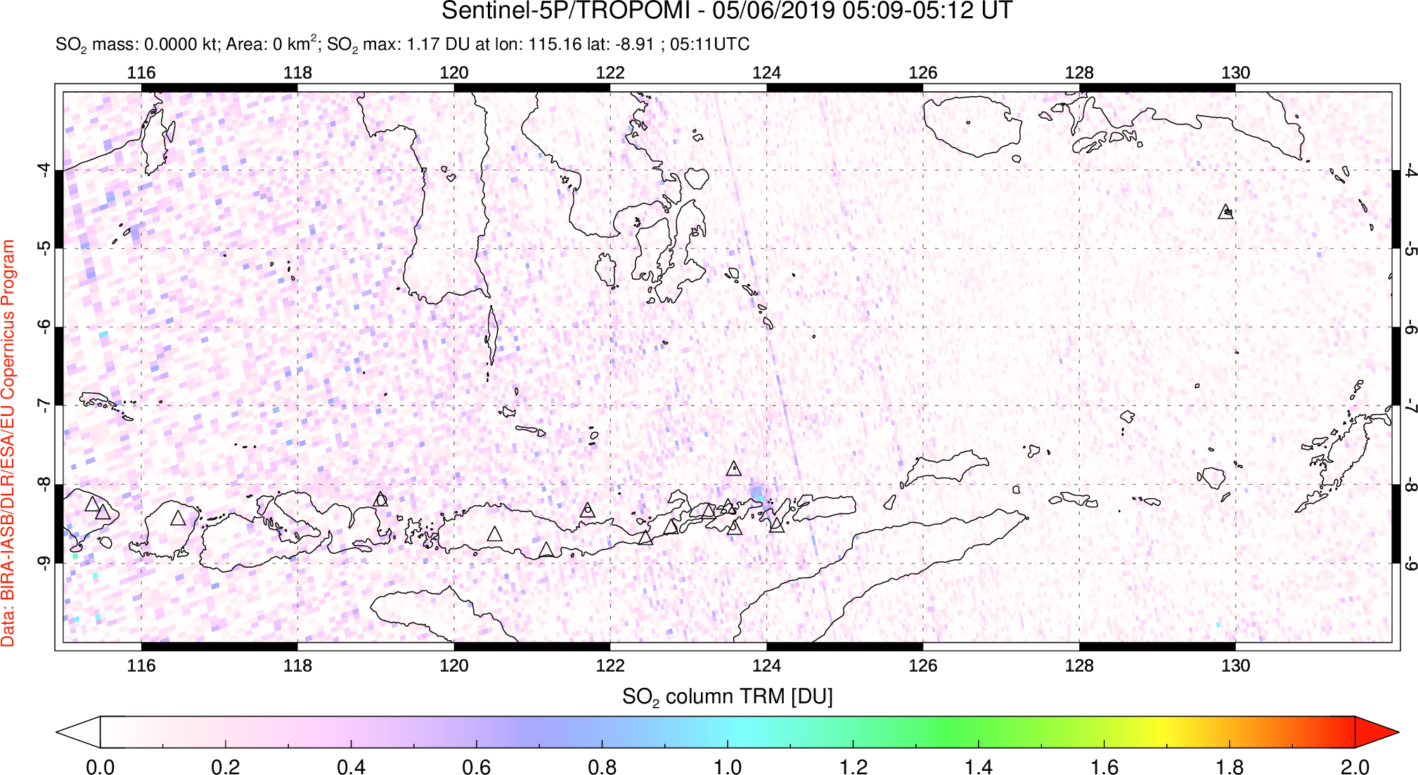 A sulfur dioxide image over Lesser Sunda Islands, Indonesia on May 06, 2019.