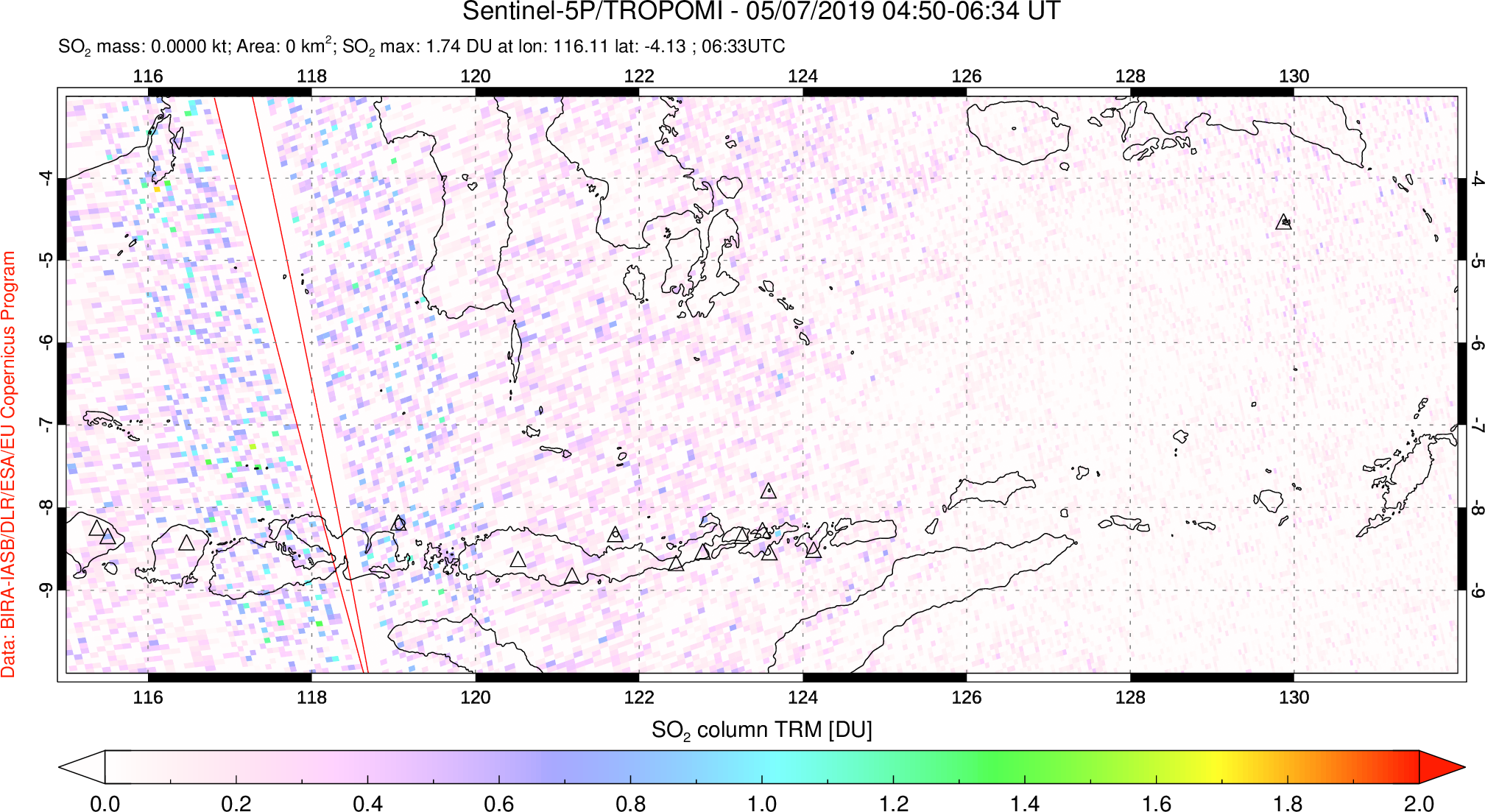 A sulfur dioxide image over Lesser Sunda Islands, Indonesia on May 07, 2019.