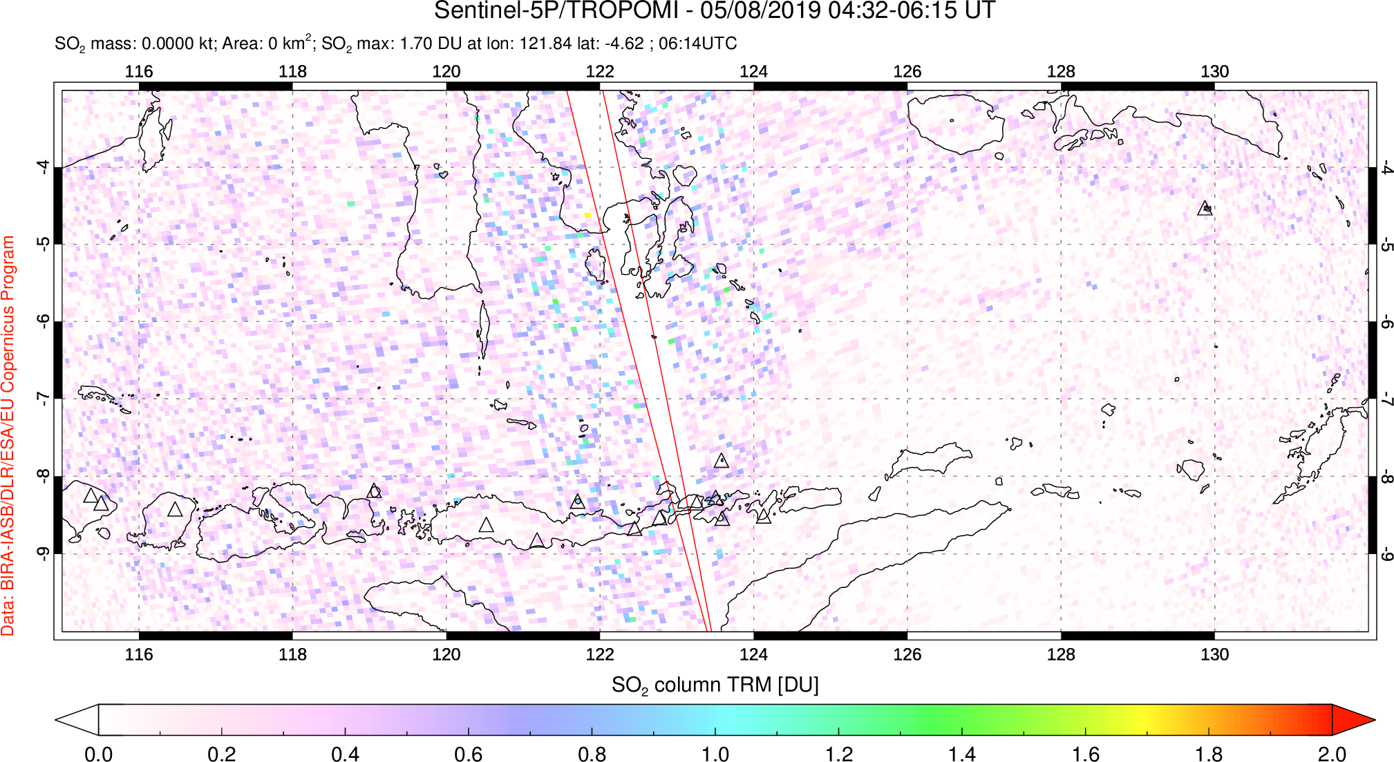 A sulfur dioxide image over Lesser Sunda Islands, Indonesia on May 08, 2019.