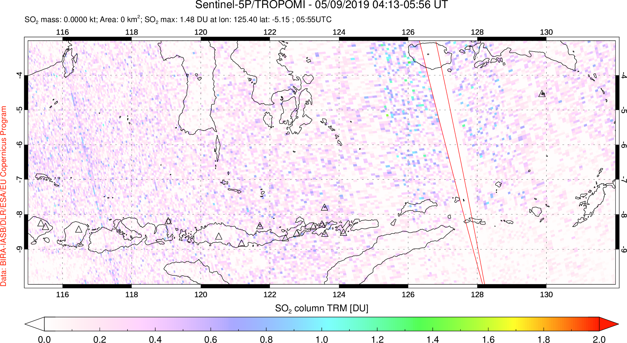 A sulfur dioxide image over Lesser Sunda Islands, Indonesia on May 09, 2019.