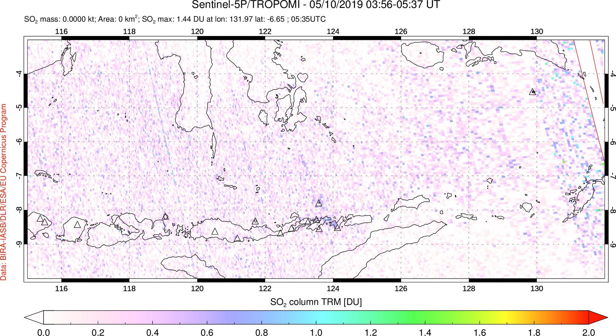 A sulfur dioxide image over Lesser Sunda Islands, Indonesia on May 10, 2019.