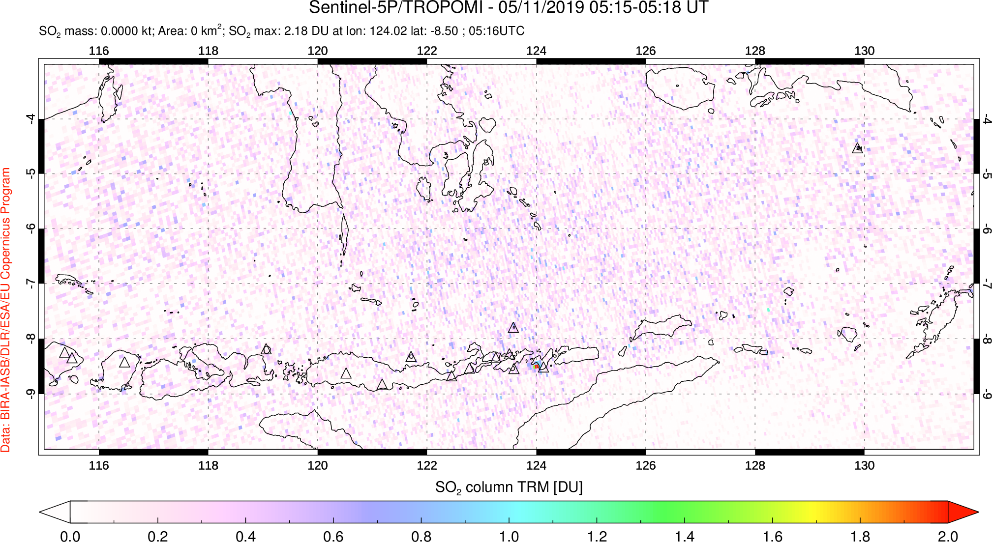 A sulfur dioxide image over Lesser Sunda Islands, Indonesia on May 11, 2019.