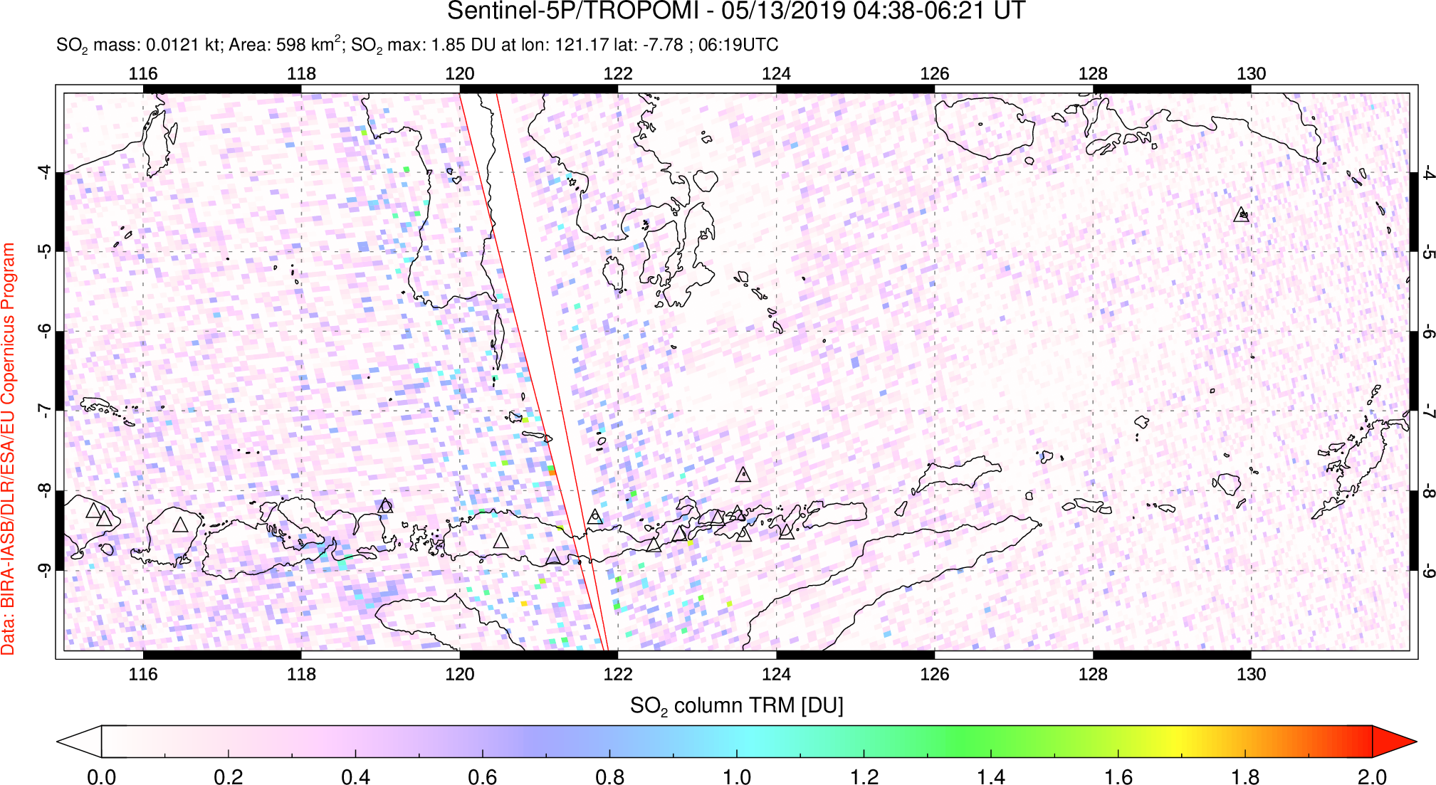 A sulfur dioxide image over Lesser Sunda Islands, Indonesia on May 13, 2019.