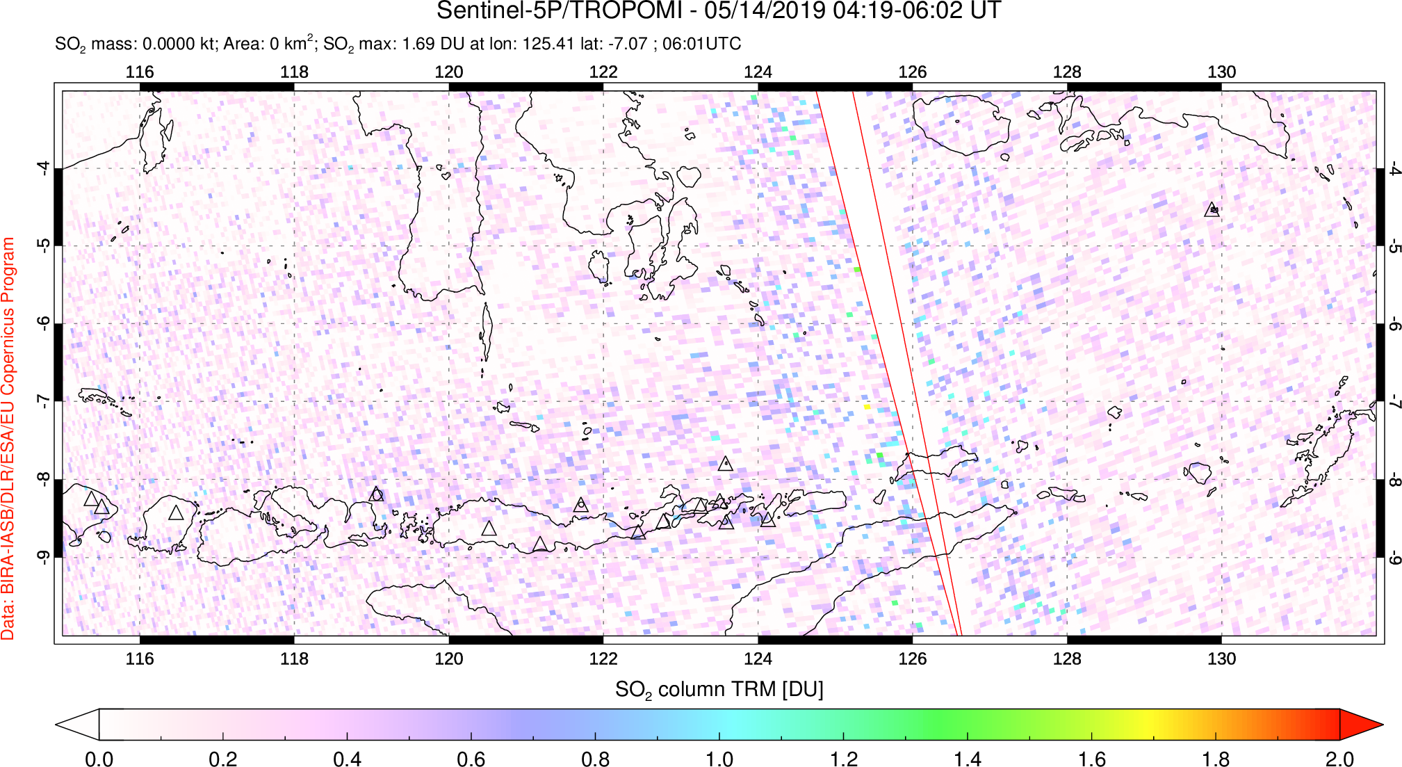 A sulfur dioxide image over Lesser Sunda Islands, Indonesia on May 14, 2019.