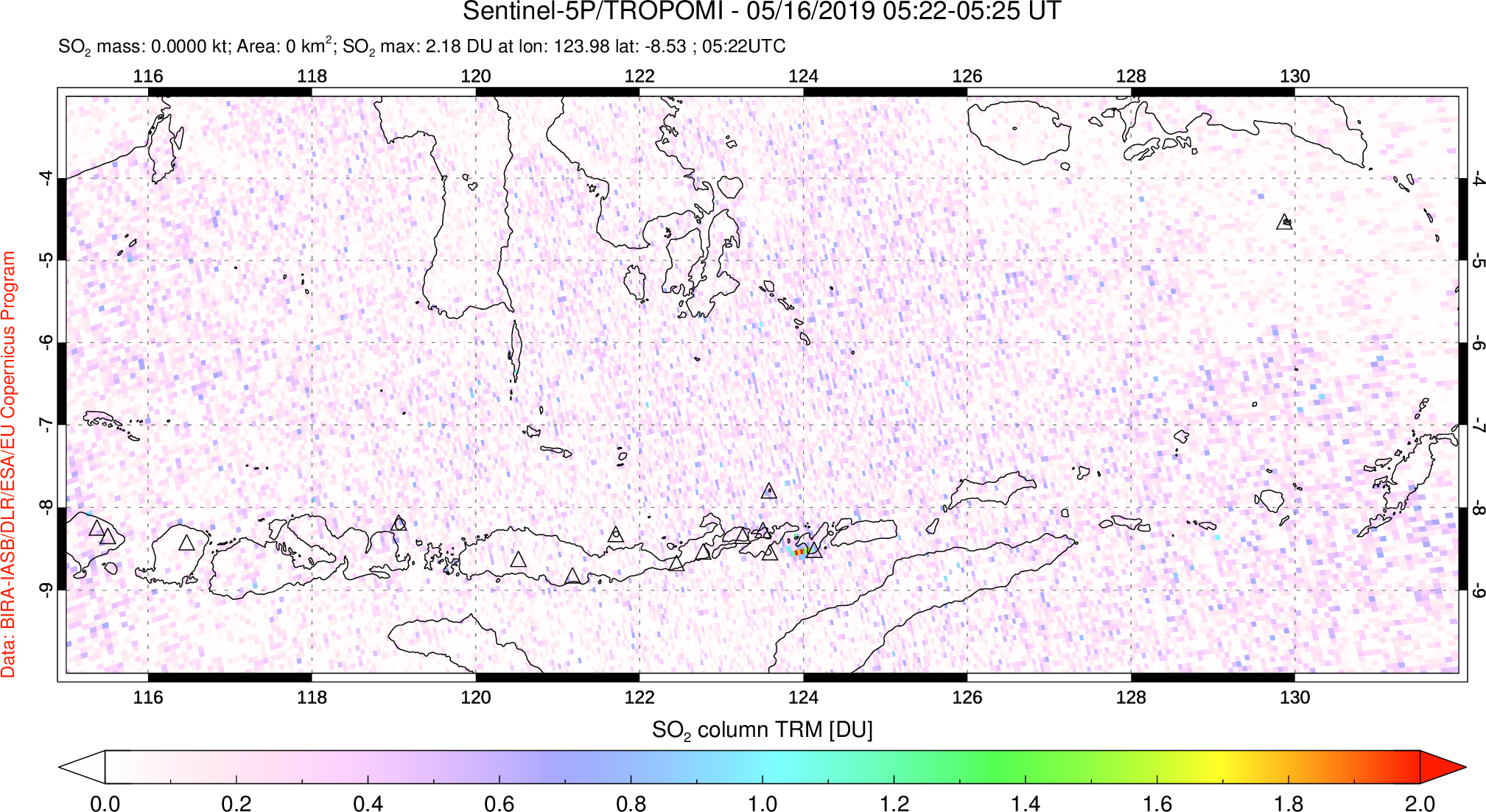 A sulfur dioxide image over Lesser Sunda Islands, Indonesia on May 16, 2019.