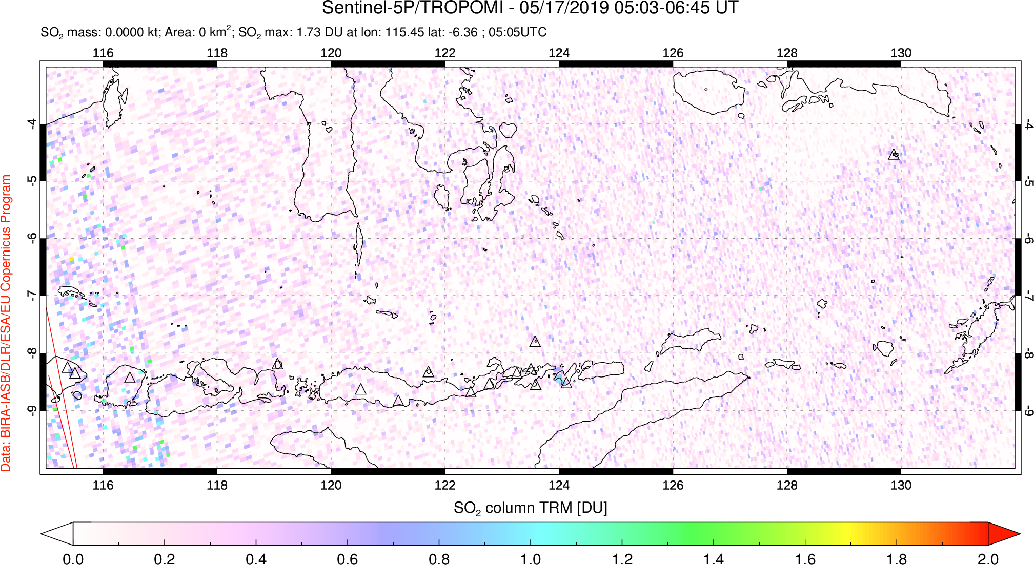 A sulfur dioxide image over Lesser Sunda Islands, Indonesia on May 17, 2019.