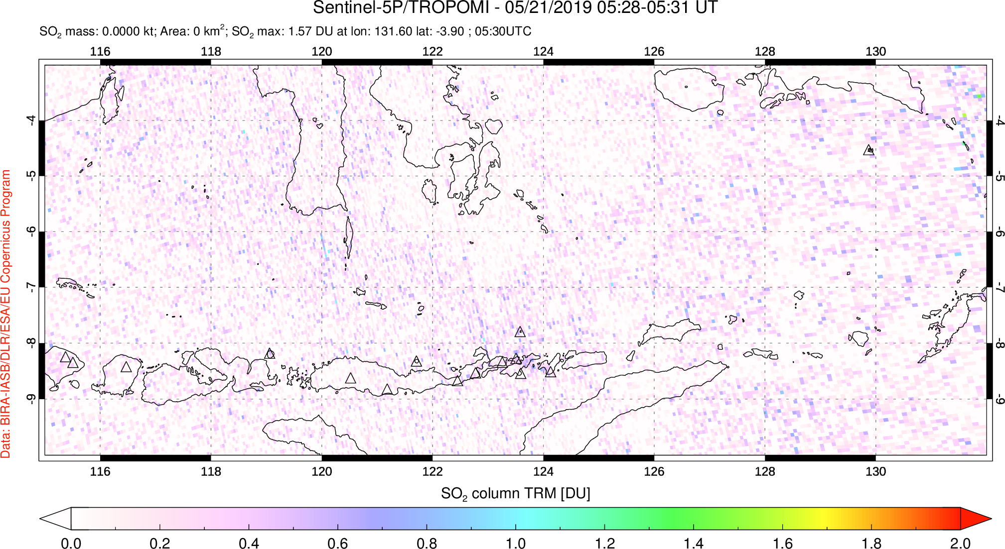 A sulfur dioxide image over Lesser Sunda Islands, Indonesia on May 21, 2019.