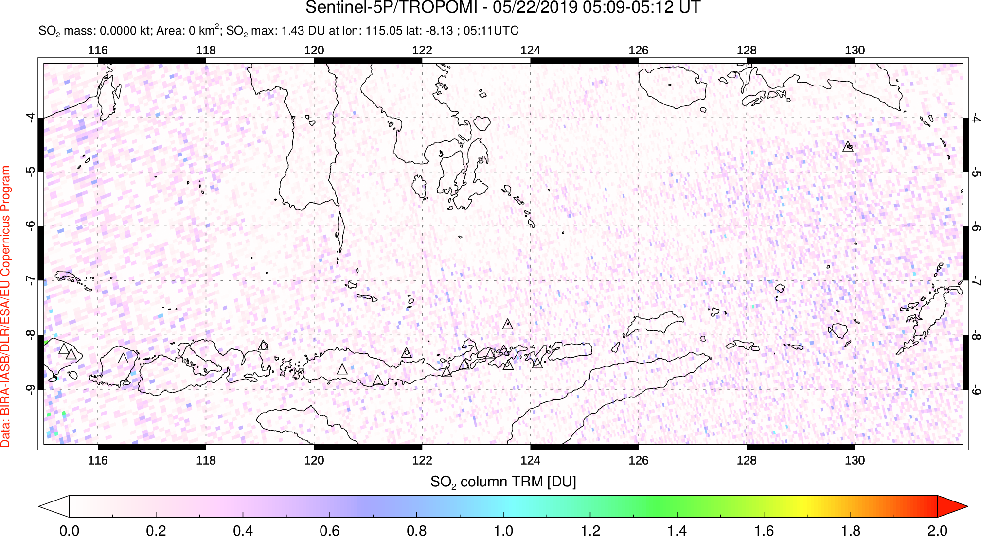 A sulfur dioxide image over Lesser Sunda Islands, Indonesia on May 22, 2019.