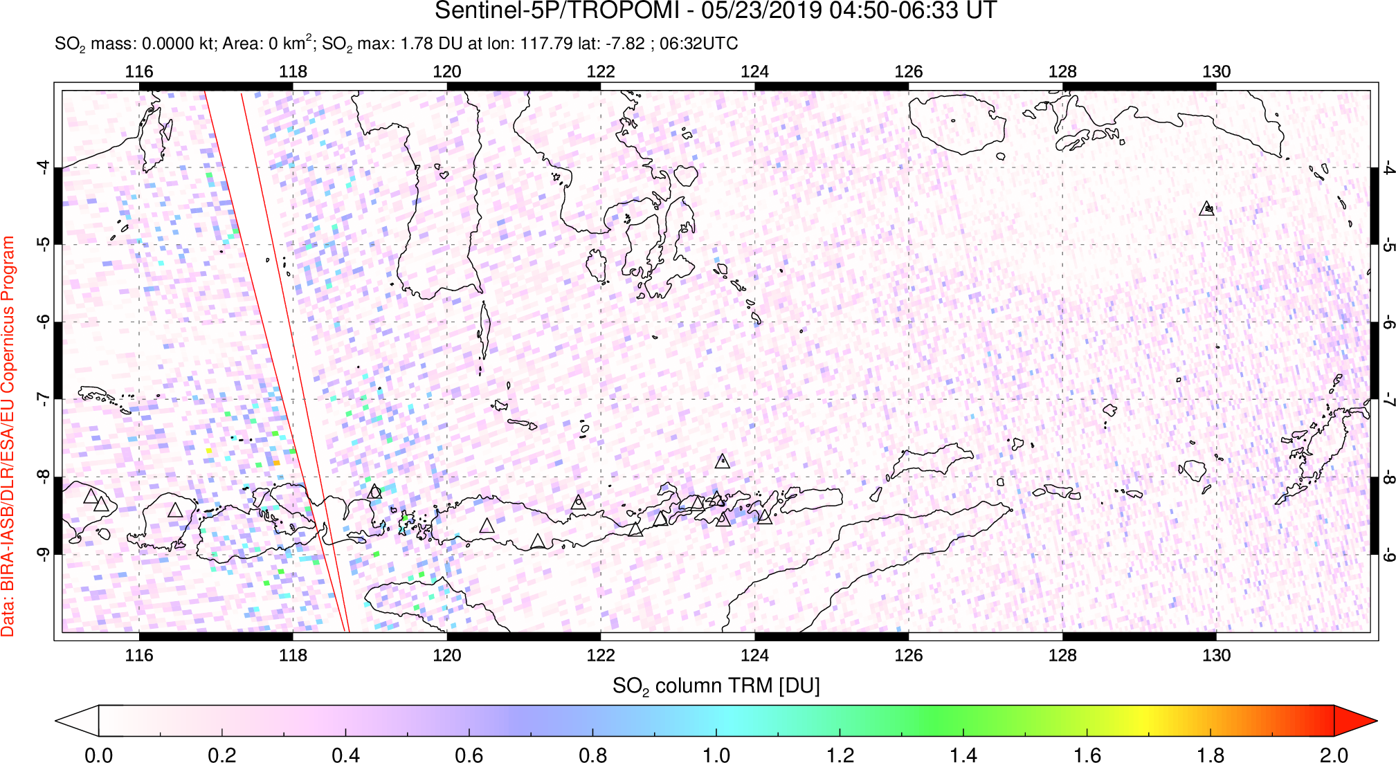 A sulfur dioxide image over Lesser Sunda Islands, Indonesia on May 23, 2019.