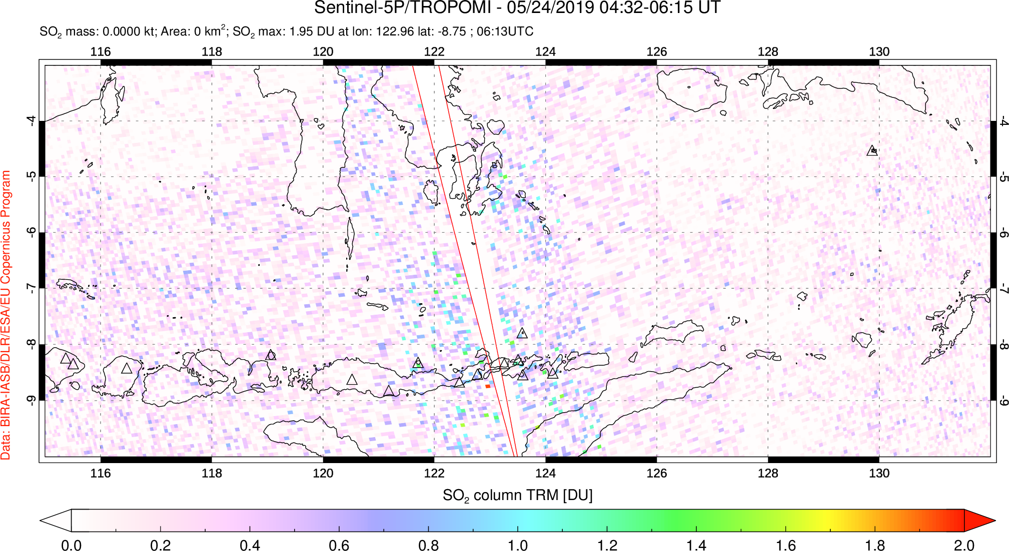 A sulfur dioxide image over Lesser Sunda Islands, Indonesia on May 24, 2019.