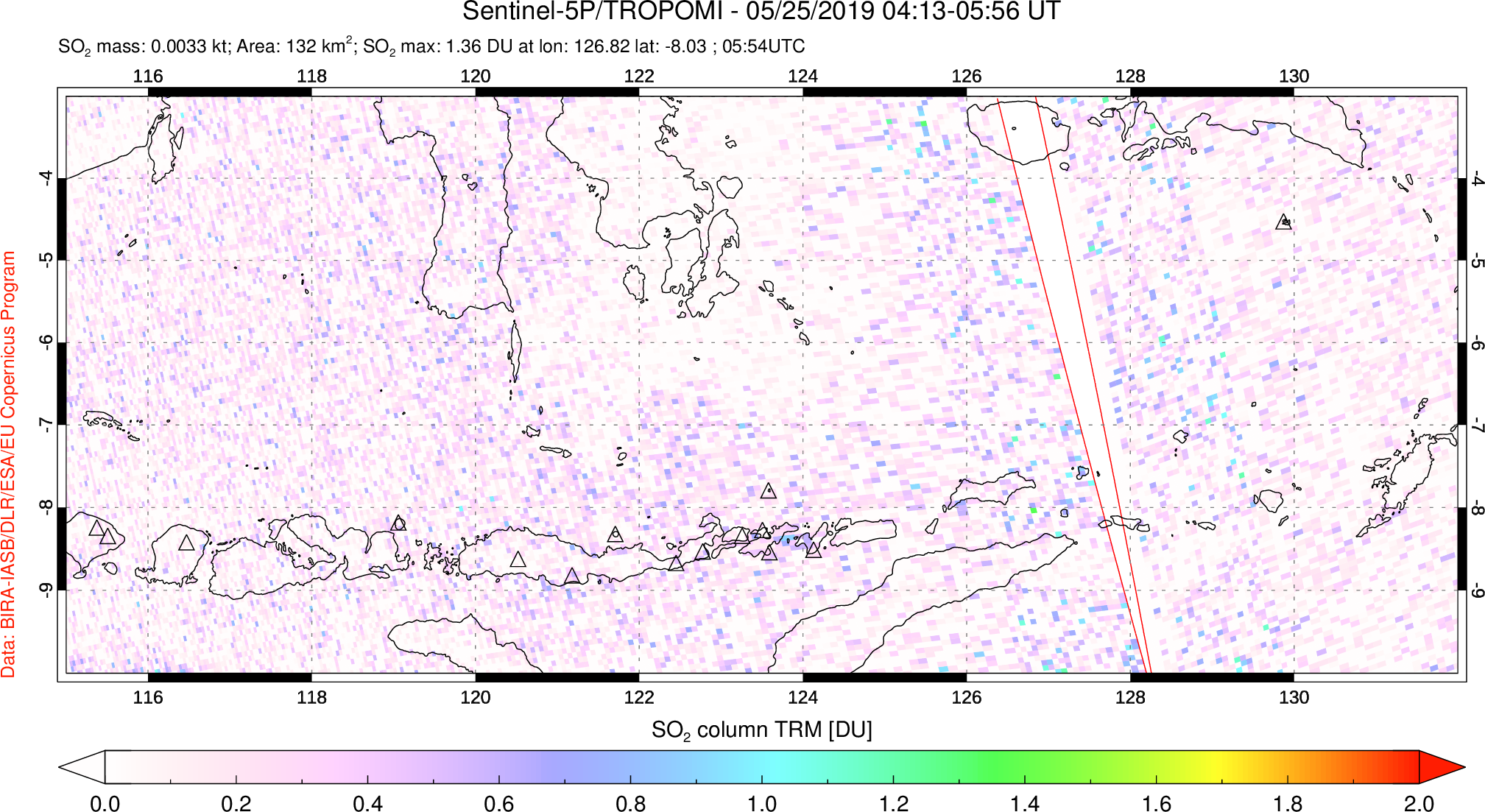 A sulfur dioxide image over Lesser Sunda Islands, Indonesia on May 25, 2019.