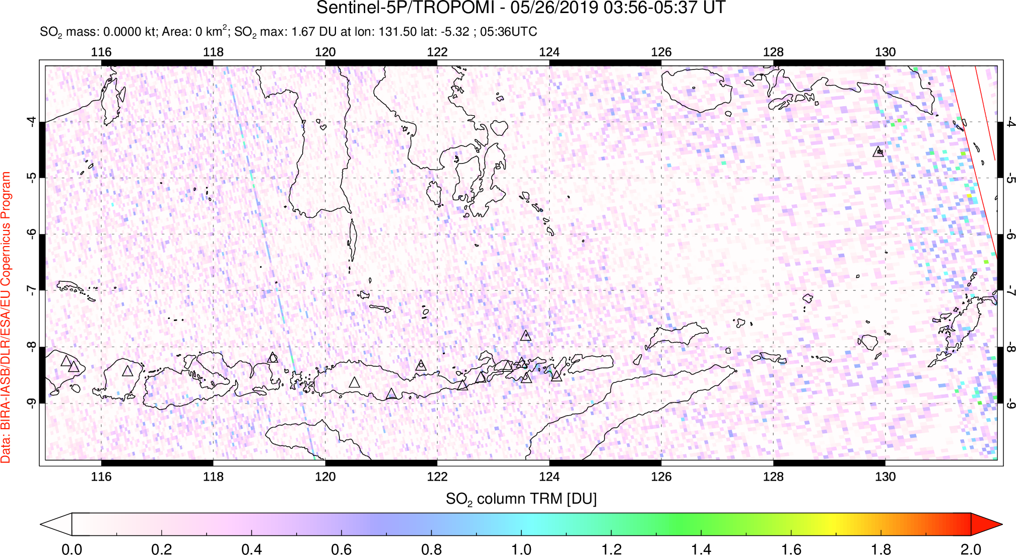 A sulfur dioxide image over Lesser Sunda Islands, Indonesia on May 26, 2019.