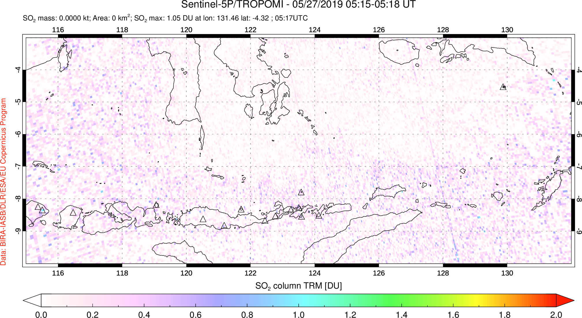 A sulfur dioxide image over Lesser Sunda Islands, Indonesia on May 27, 2019.