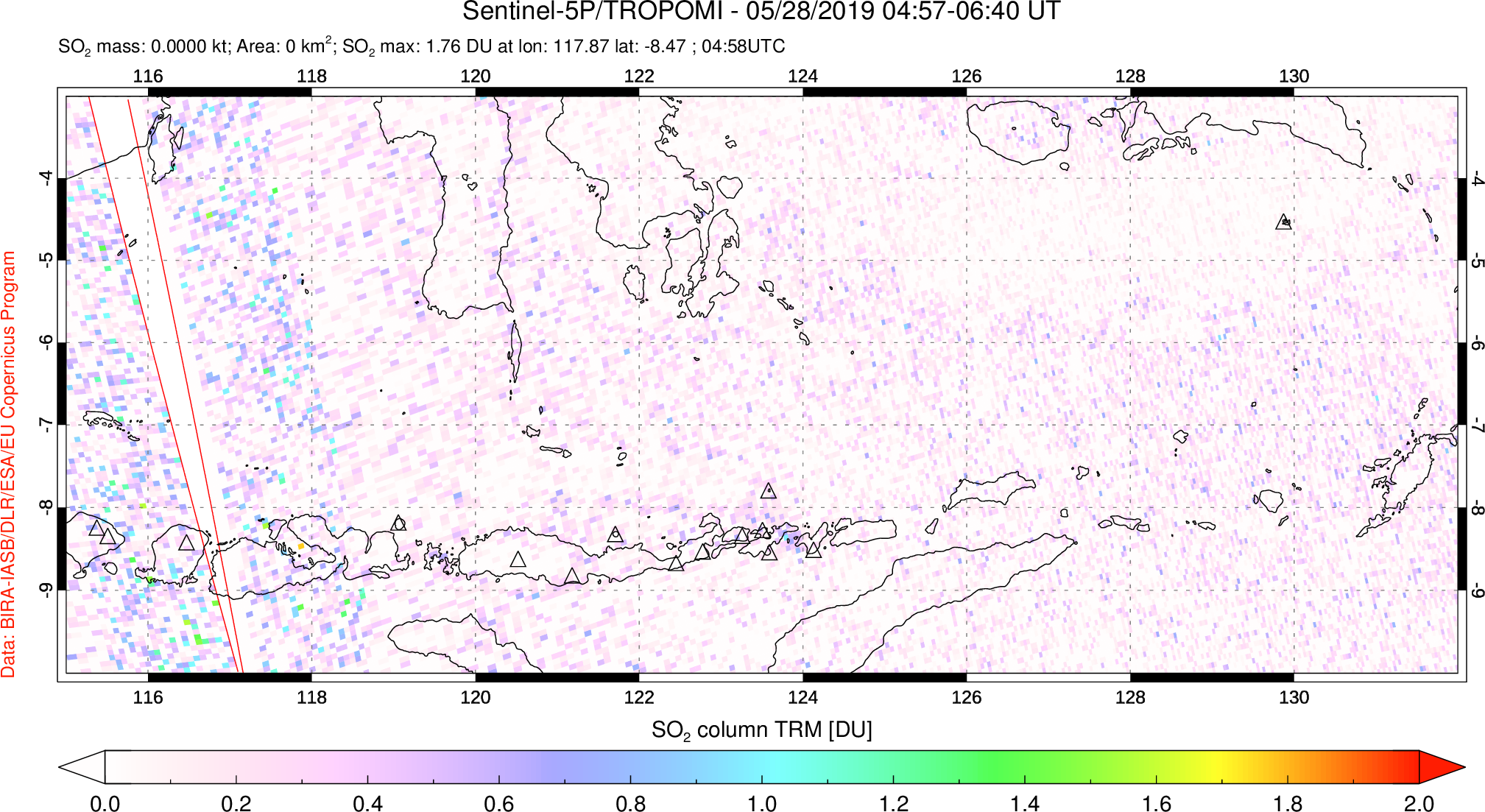 A sulfur dioxide image over Lesser Sunda Islands, Indonesia on May 28, 2019.