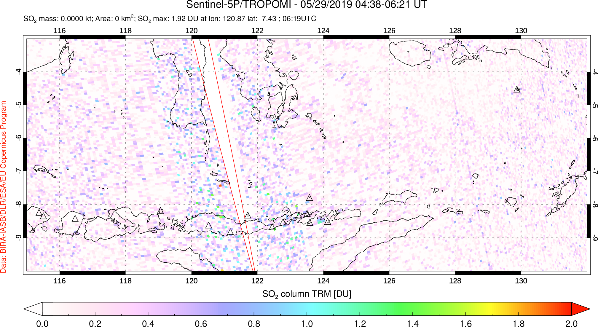 A sulfur dioxide image over Lesser Sunda Islands, Indonesia on May 29, 2019.