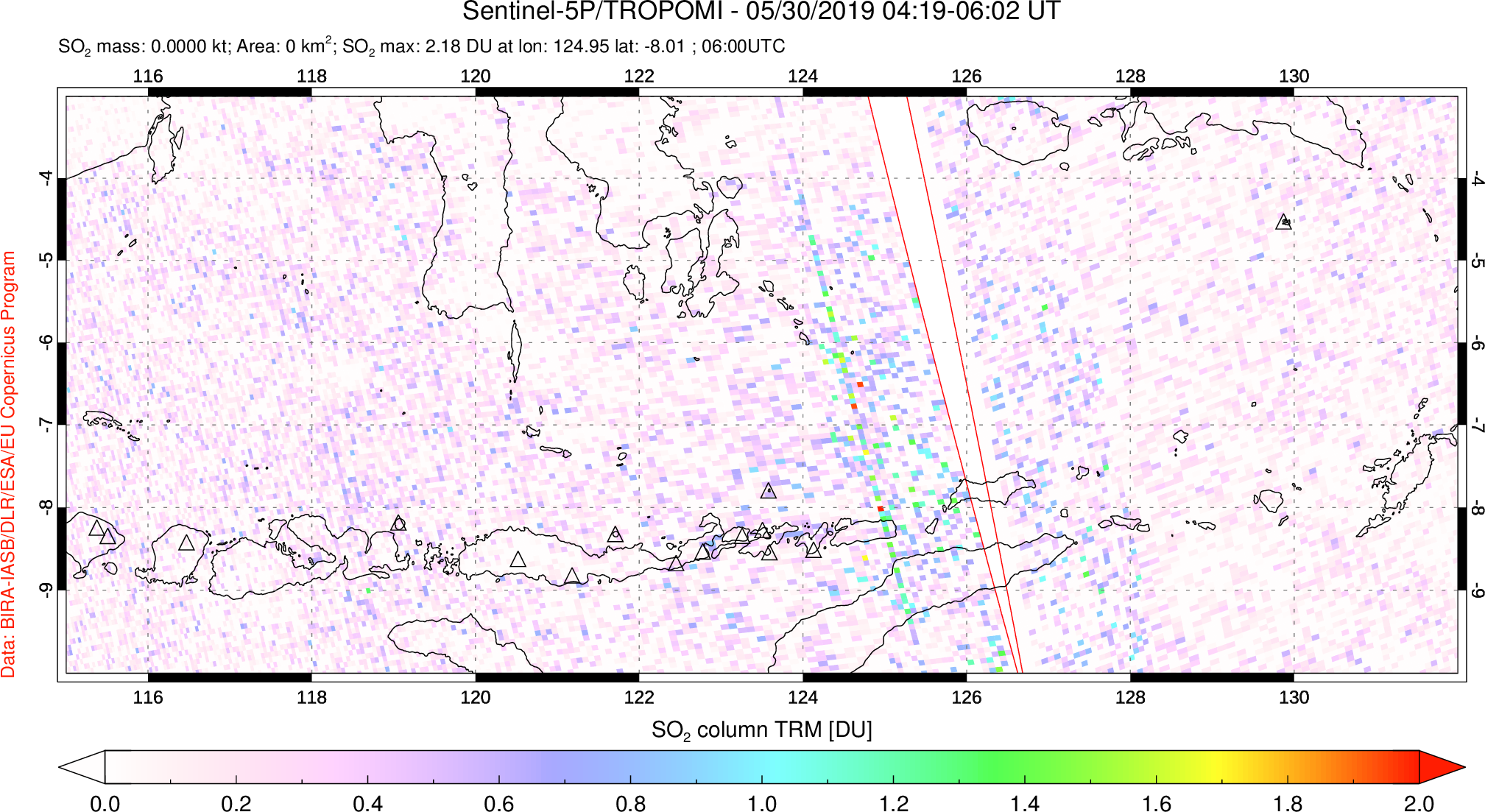 A sulfur dioxide image over Lesser Sunda Islands, Indonesia on May 30, 2019.
