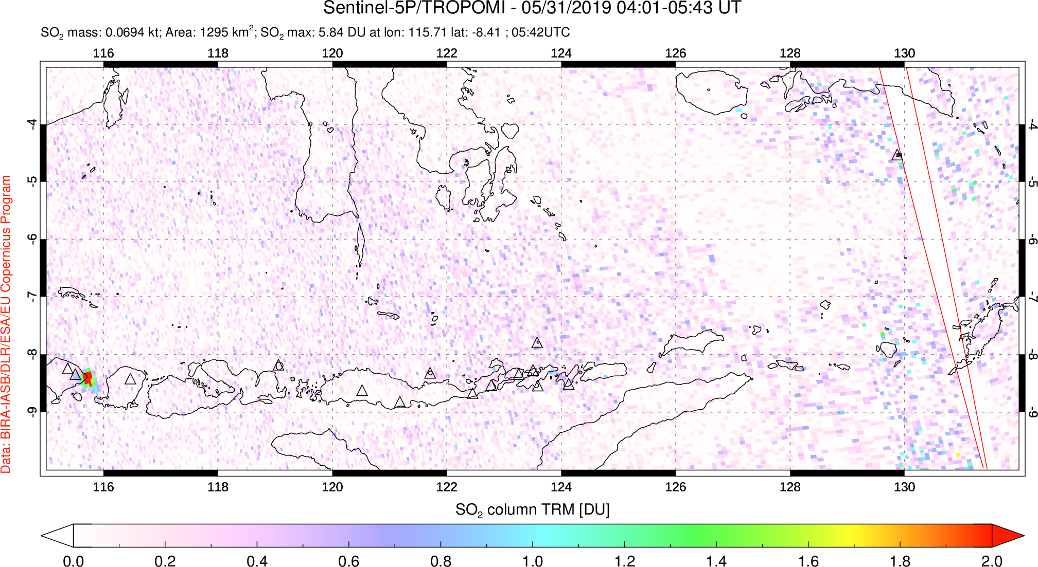 A sulfur dioxide image over Lesser Sunda Islands, Indonesia on May 31, 2019.