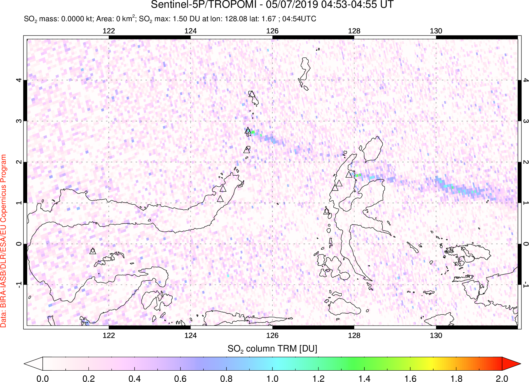 A sulfur dioxide image over Northern Sulawesi & Halmahera, Indonesia on May 07, 2019.