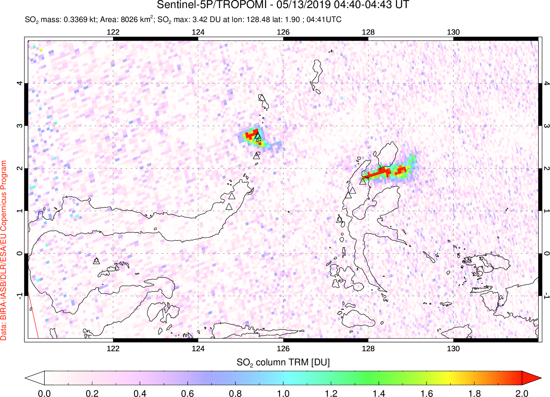 A sulfur dioxide image over Northern Sulawesi & Halmahera, Indonesia on May 13, 2019.