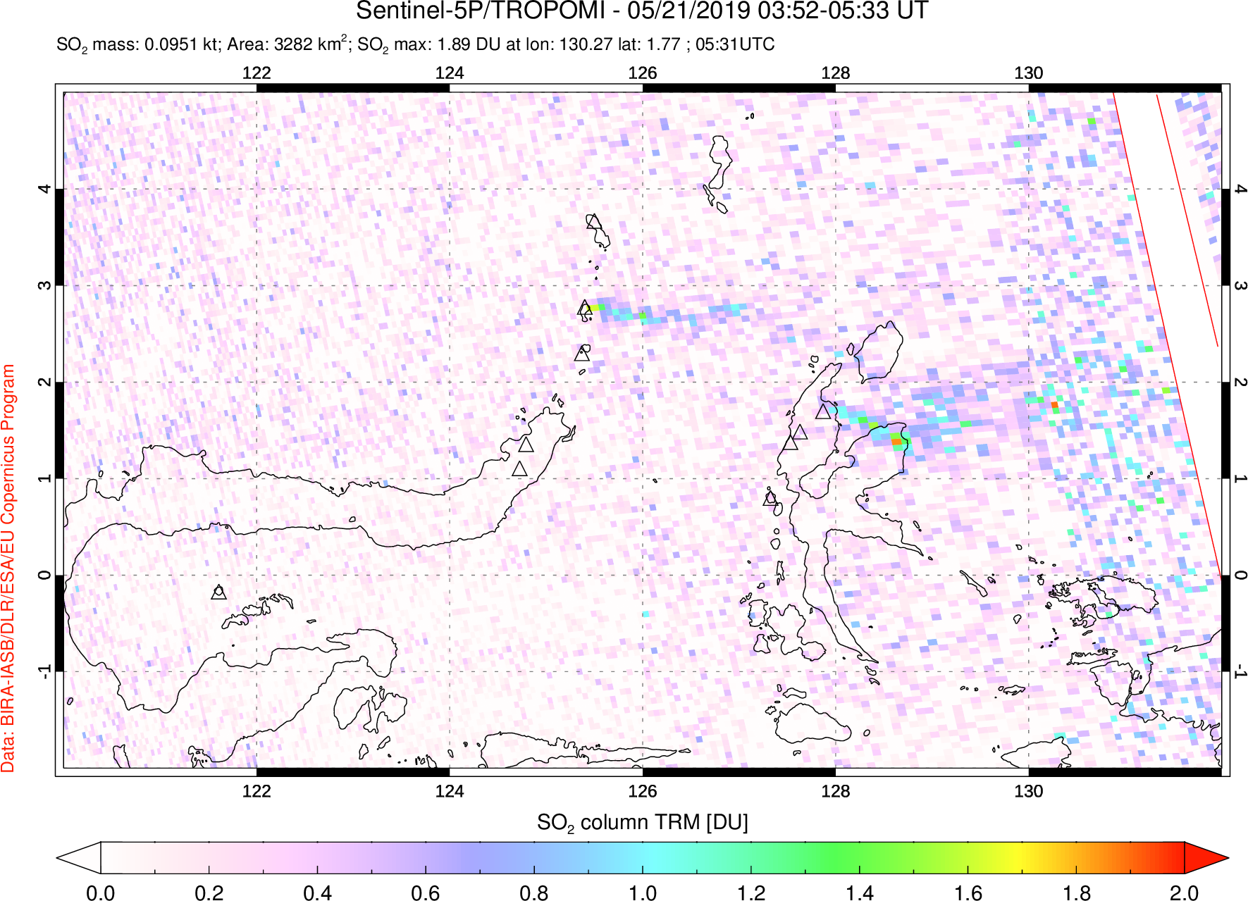 A sulfur dioxide image over Northern Sulawesi & Halmahera, Indonesia on May 21, 2019.