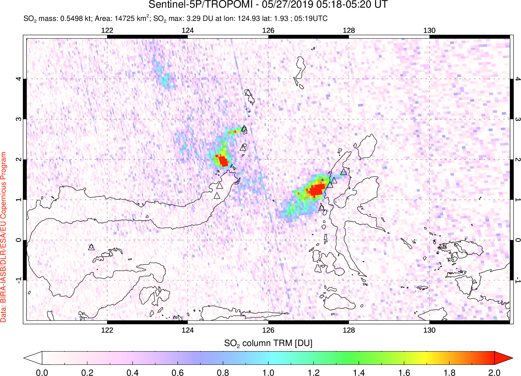 A sulfur dioxide image over Northern Sulawesi & Halmahera, Indonesia on May 27, 2019.