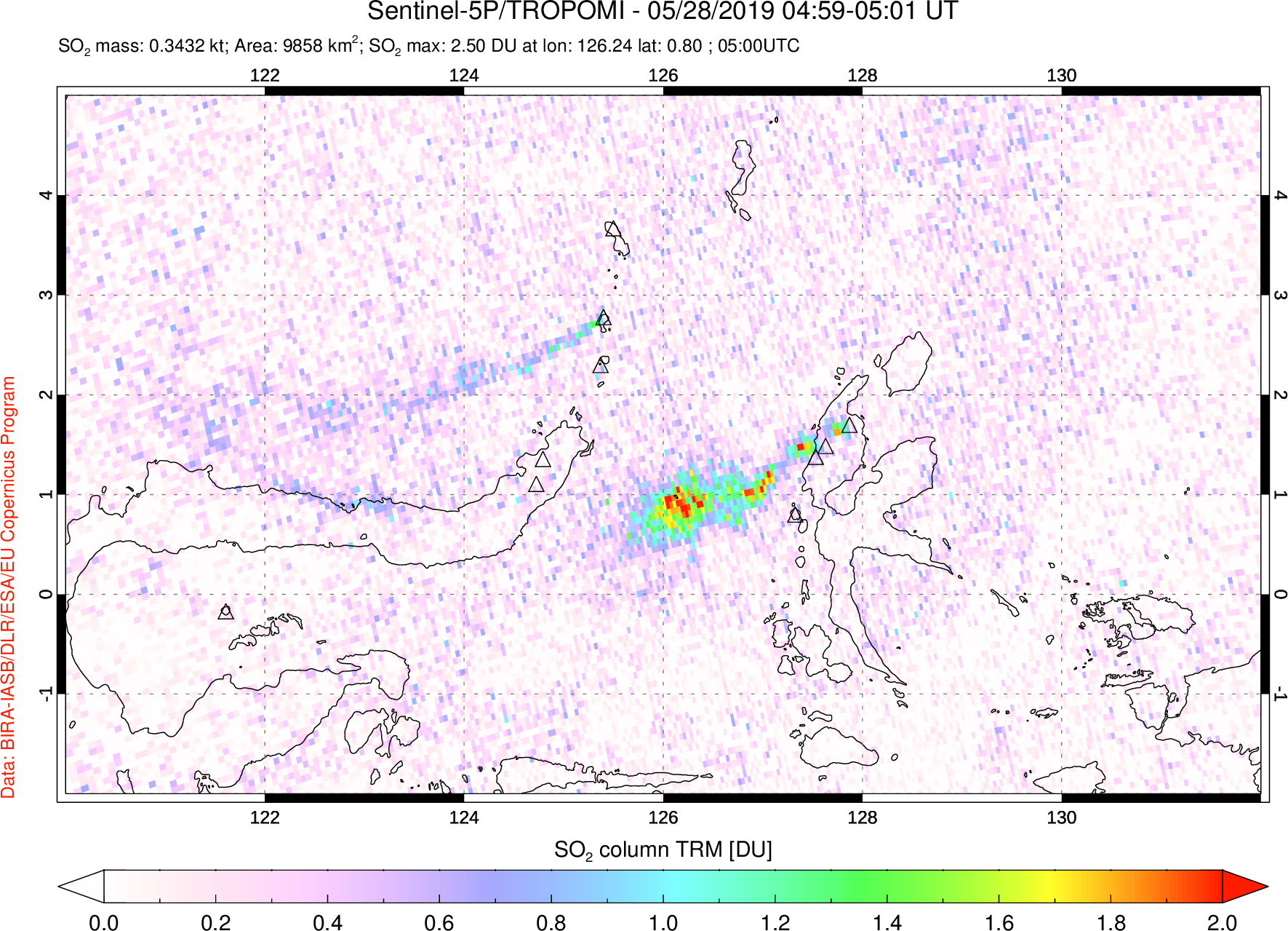 A sulfur dioxide image over Northern Sulawesi & Halmahera, Indonesia on May 28, 2019.